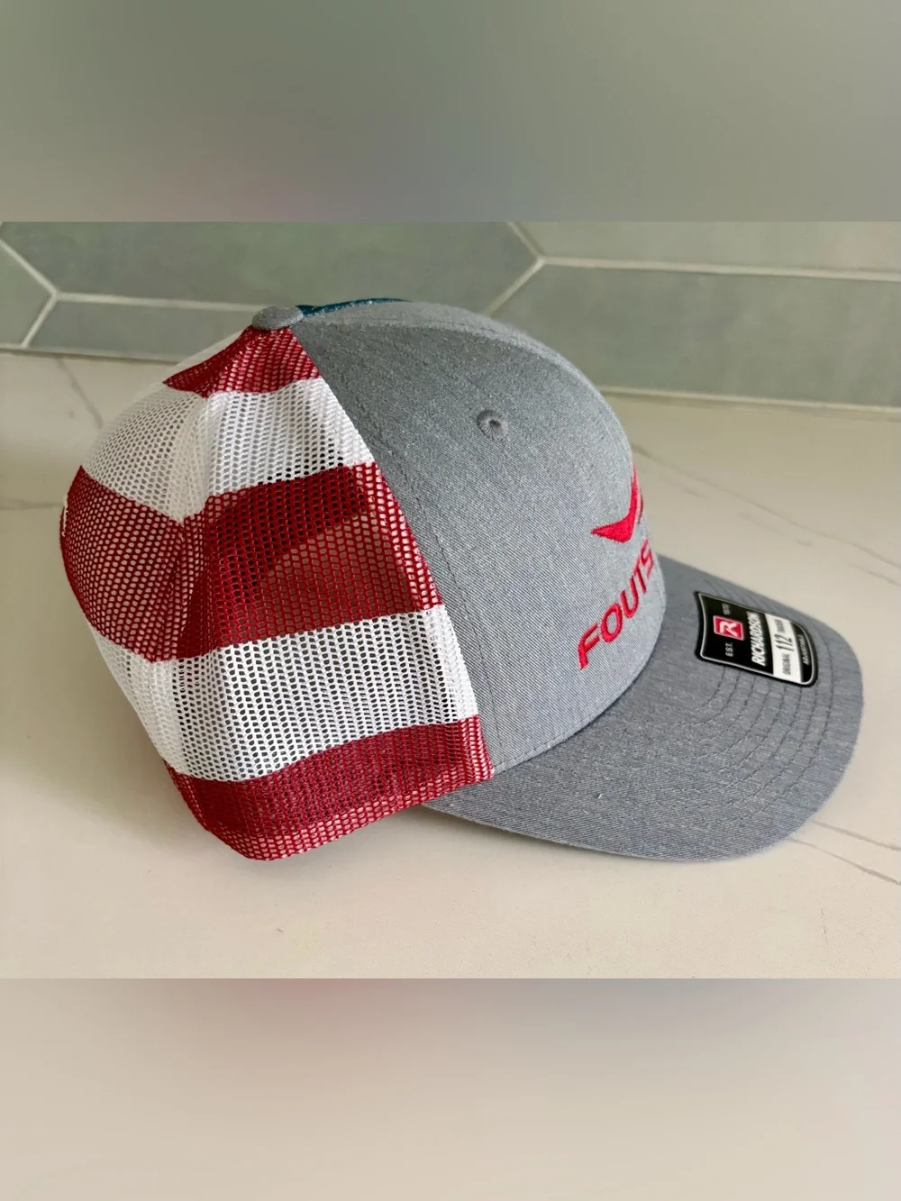 NWT Fouts Bros Richardson 112 Trucker Snapback Hat Grey Patriotic USA Flag Mesh
